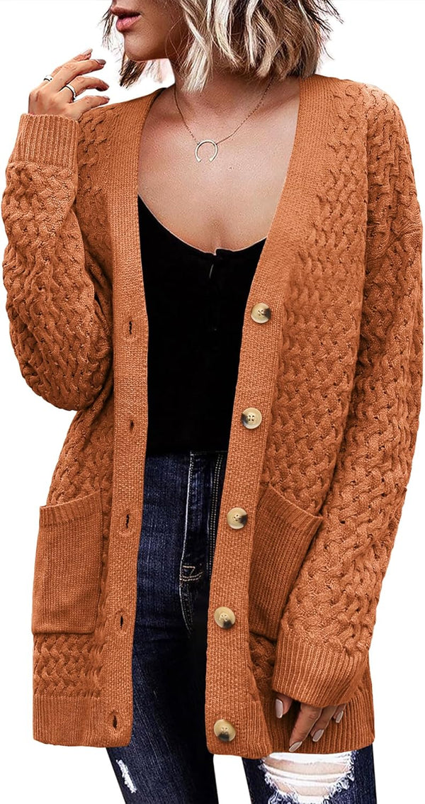 Zeagoo Womens 2024 Long Sleeve Chunky Cable Knit Fall Cardigans Sweaters Button Down Open Front Outerwear with Pockets