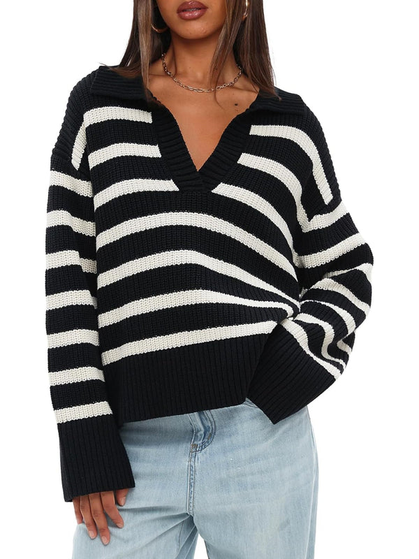 Women's Polo V Neck Striped Knitted Sweater (Buy 2 Free Shipping)