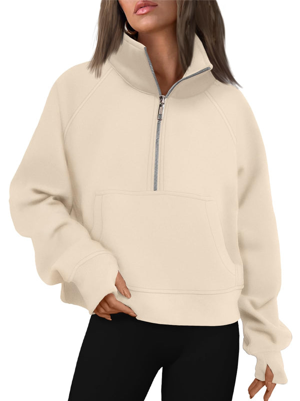 Women's Half Zip Cropped Sweatshirt With Thumb Holes (Buy 2 Free Shipping)