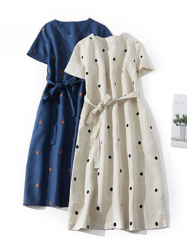 Cotton And Linen Printed Polka Dot Waistband Dress