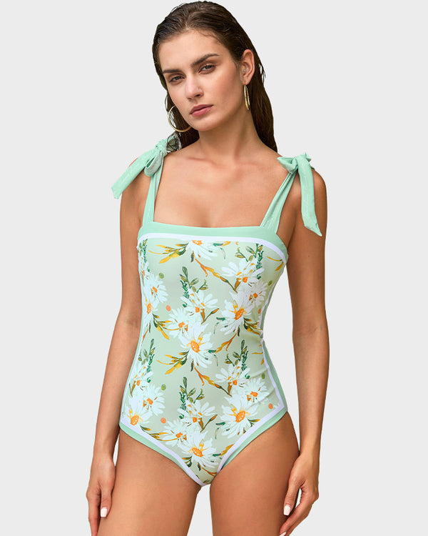 Reversible Tie-Strap Floral Print One-Piece Swimsuit