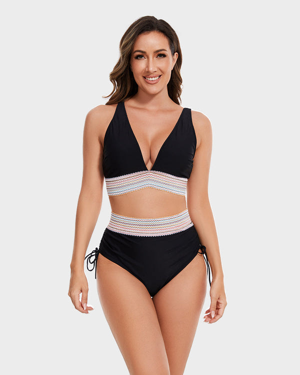 SheCurve?High Waisted Tummy Control Color Block Bikini Sets